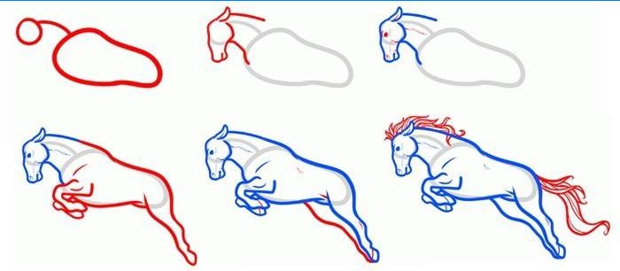 Ordningen med at tegne en hest i et hopp