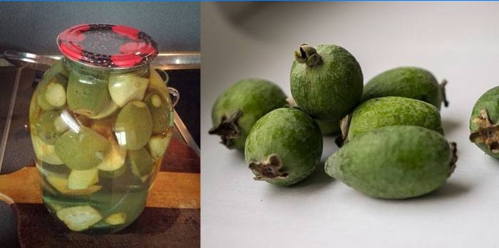 Feijoa-kompott i en krukke og frugter