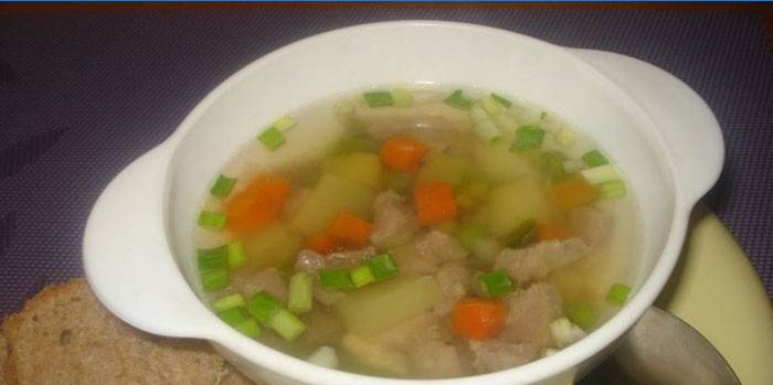 Suppe med kalkunkød med grøntsager og grønne løg