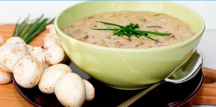 Champignon fløde suppe og friske svampe