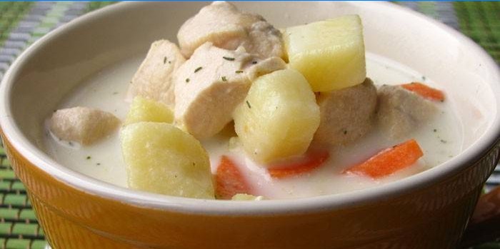 Suppe med grøntsager og kylling med smeltet ost