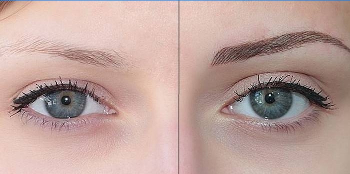Øjenbryn af pigen før og efter tatuzh