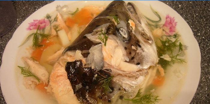 Laks hoved fiskesuppe i en tallerken