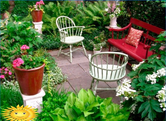 Havedekoration med blomstrende planter i containere og gryder