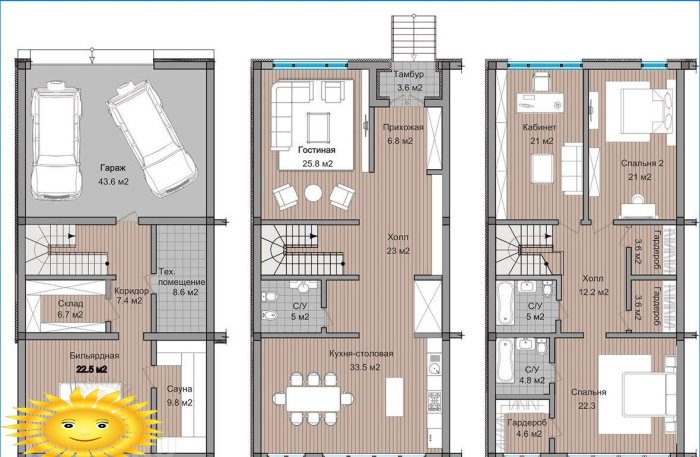 Layout af et tre-etagers rækkehus