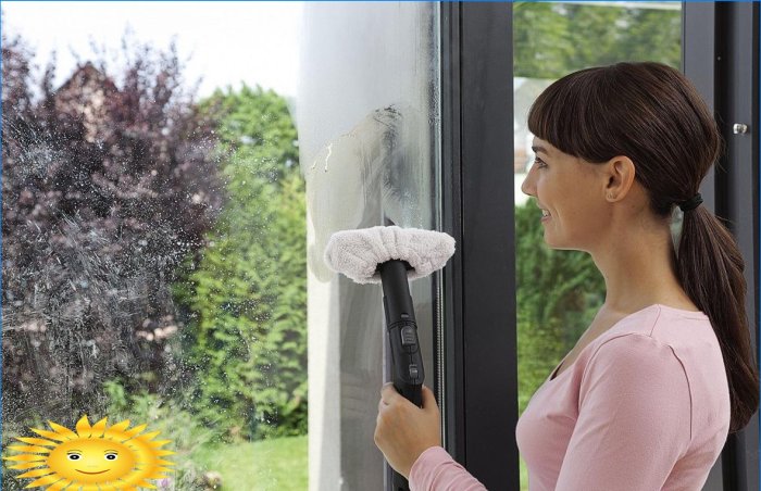 Vask et vindue med en dampgenerator