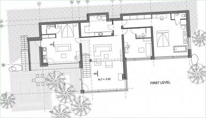 Grundridsdiagram af stueetagen i et hus