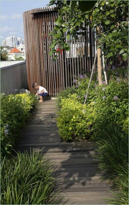 Interiør af det tre etager høje Courtyard House af Formwerkz i Singapore