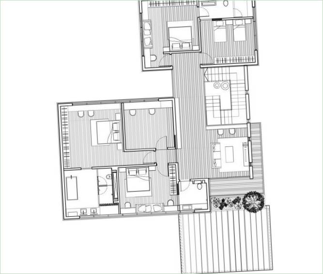 Grundplaner af en træbungalow og det omkringliggende landskab