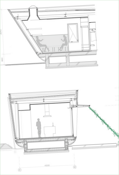 Diagram af et køkken og en boligvæg