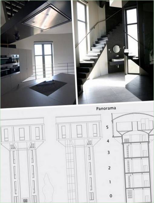 Skematisk diagram af et vandtårn, der er omdannet til en beboelsesejendom