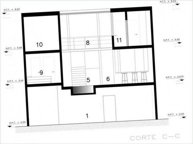 Skitsen ovenfor viser det sociale område - køkken med spisekammer, lejlighed og udendørs veranda