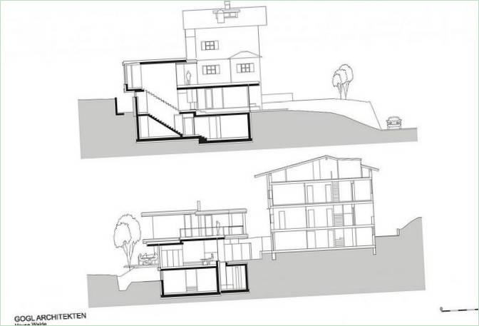 Grundplaner af et hus med panoramaudsigt over Alperne