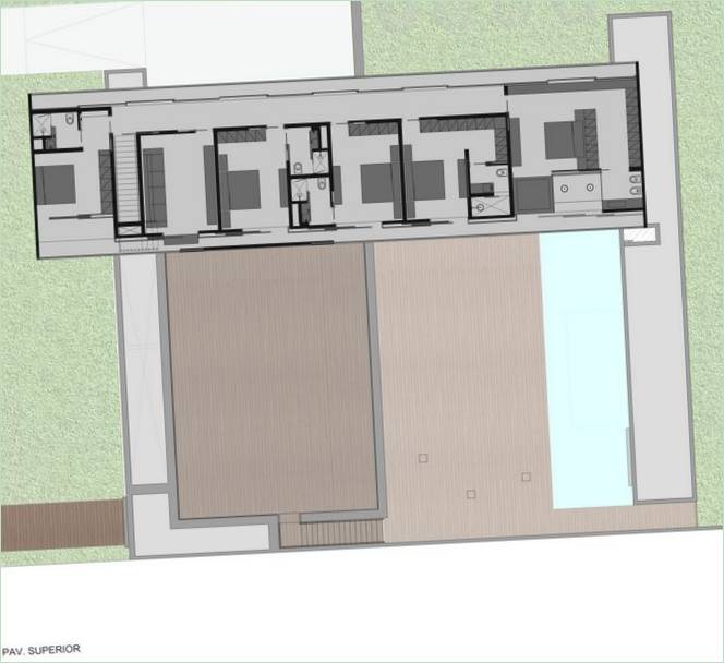 Grundplan af et hus med en stor terrasse