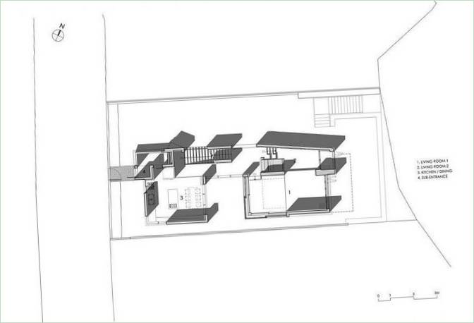 Plandiagram af et hus i tre etager i Seoul af bang by min